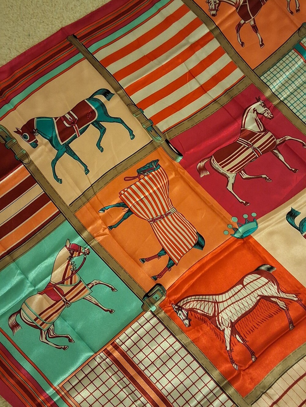 NEW, Vibrant Equestrian Print Silk Scarf - Orange, Teal, Fuchsia - Picture 6 of 7